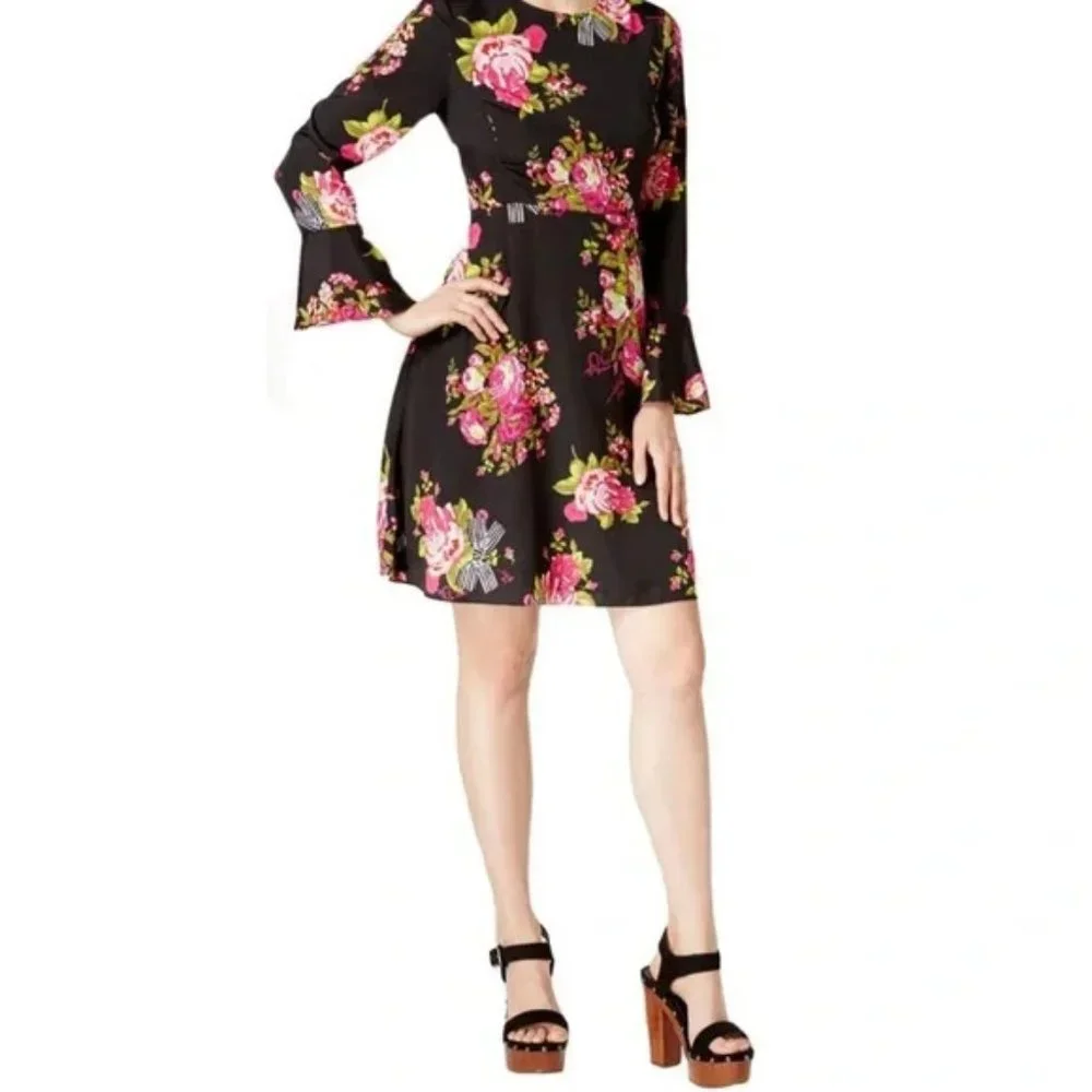 Betsey Johnson Floral Fit & Flare Dress Black Pink Long Sleeve Dress.  SZ 2